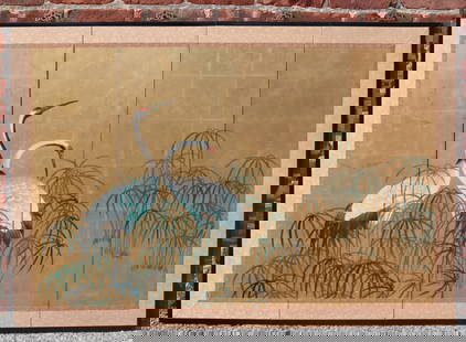 Japanese 4-Panel Screen with Cranes.: Japanese 4-panel folding screen displaying a pair of red-crowned cranes standing amongst foliage and gilt ground. From a New Rochelle, NY estate. Dimensions: screen measures approx. 53.5" w x 37&