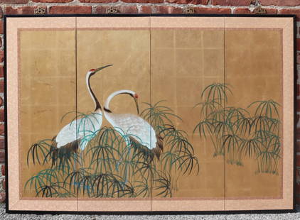 Japanese 4-Panel Screen with Cranes.: Japanese 4-panel folding screen displaying a pair of red-crowned cranes standing amongst foliage and gilt ground. From a New Rochelle, NY estate. Dimensions: screen measures approx. 53.5&quot; w x 37&