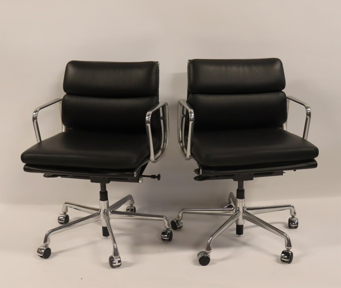 Pair Eames Black Leather Soft Pad Office Chairs. (1 of 6)