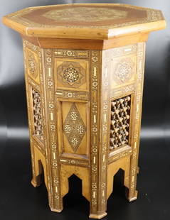 Antique Inlaid Syrian Table.: Octagonal top and inlaid all over. From a Queens, NY home. - Dimensions: 27" h x 21.5" w.