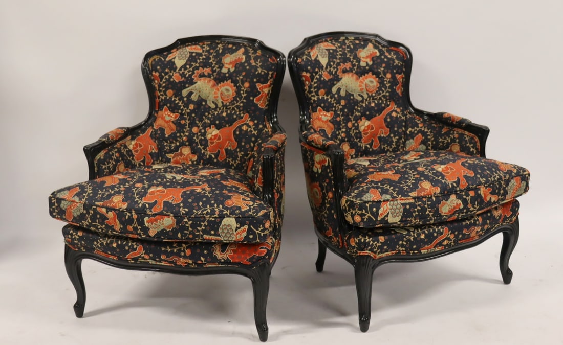 An Antique Pair Of Louis XV Style Bergeres.: With great Chinoiserie upholstery. From a Westchester County, NY estate. - Dimensions: 35" h x 28" w x 27" d.