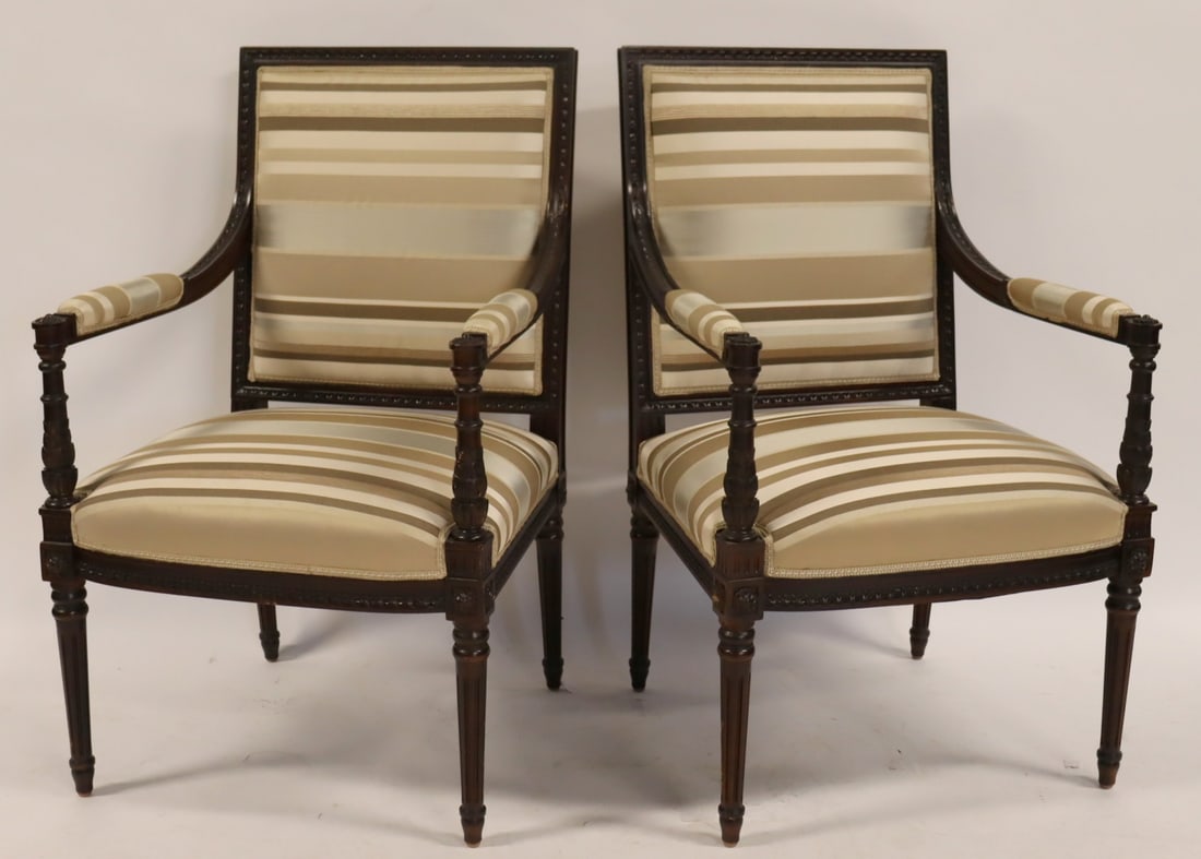 A Fine Quality Pair Of Louis XV1 Style Arm Chairs: From an east side NYC estate . - Dimensions: 40" x 23" x 21"
