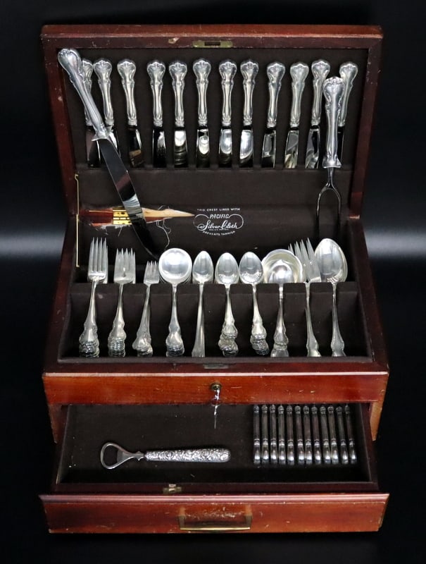 STERLING. Towle French Provincial Sterling: Flatware Service. Including (12) regular forks - approx. 7 1/8" in length; (12) salad forks - approx. 6 1/4" in length; (12) cocktail forks - approx. 5 5/8" in length; (12) iced teaspoo