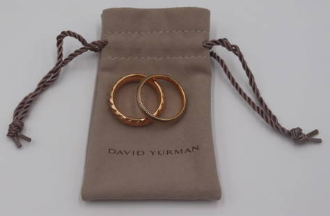 JEWELRY. (2) Men's David Yurman 18kt Gold Rings.: Includes a David Yurman 18kt rose gold "Cable" ring, size - 11; and a David Yurman 18kt yellow gold "Sky" ring, size - 11. Accompanied by (1) David Yurman dust bag. Total approx. w