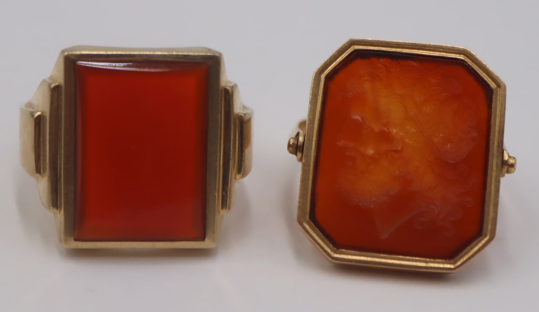 JEWELRY. (2) Gold Mounted Carnelian Rings. (1 of 9)