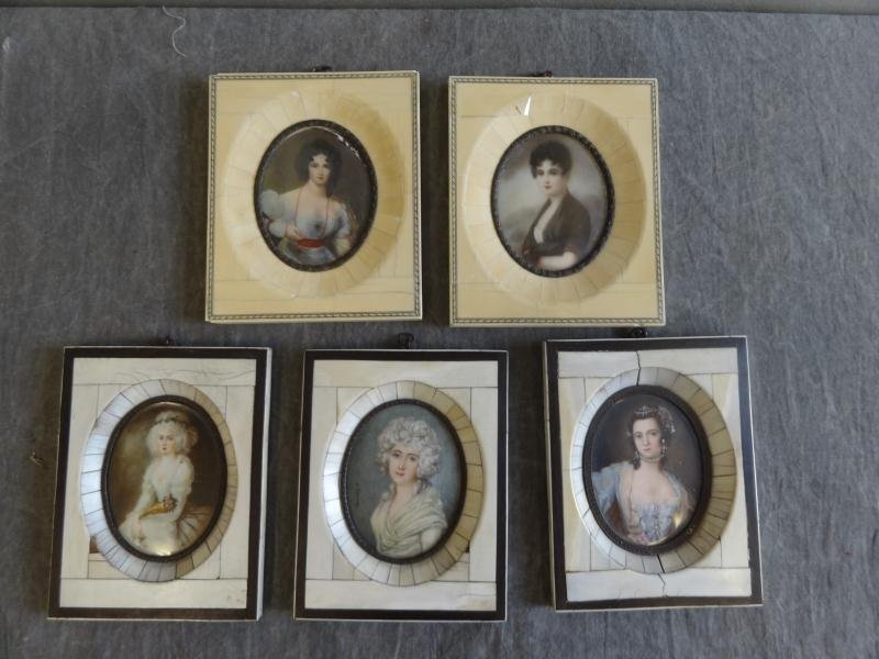 5 Miniatures on Bone in Vintage Frames.: From a Rye, NY estate. Dimensions: 3.5" dia; frames - 4.75" x 5.75." Condition: Odd very small losses.