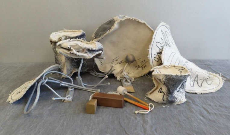 OLDENBURG, Claes. Miniature Soft Drum Set.: Mixed media set including 9 sewn screen printed pieces with wood, rope, paint, etc. Missing base and Lucite case. Initialed "CO" on bass and numbered 199 in an edition of 200. Claes Oldenburg, Swedish