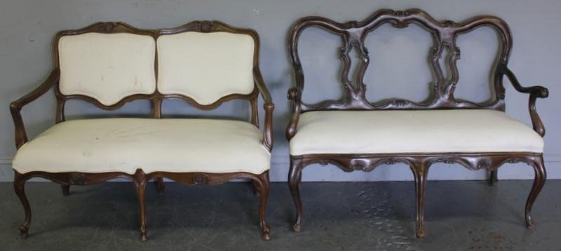 Two Vintage Italian Style Settees.: From a Manhattan, NY collector. Dimensions: Turn of the century settee - 74.5" wide x 23" deep x 36.25" high; Midcentury settee - 45" wide x 25" deep x 34.5" high. Condition: Frames - good; Muslin sta