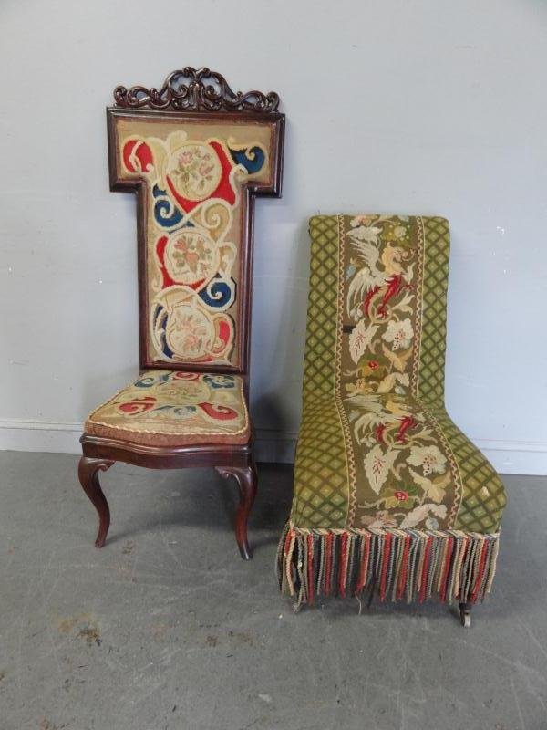 Two 19th Century Needlepoint Upholstered Chairs.: One rosewood chair with a high back - 21" wide x 17" deep x 53" high; the other chair is all upholstered - 17" wide x 27" deep x 37" high. Condition: Good - 1 with a hole in back upholstery (see photo