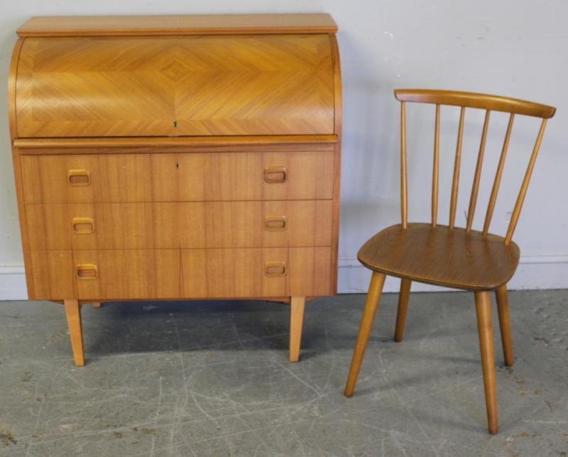 Midcentury Scandinavian Desk and Chair.: From a Stamford, CT location. Dimensions: Desk - 35.5" w x 18.5" d x 38.5" h