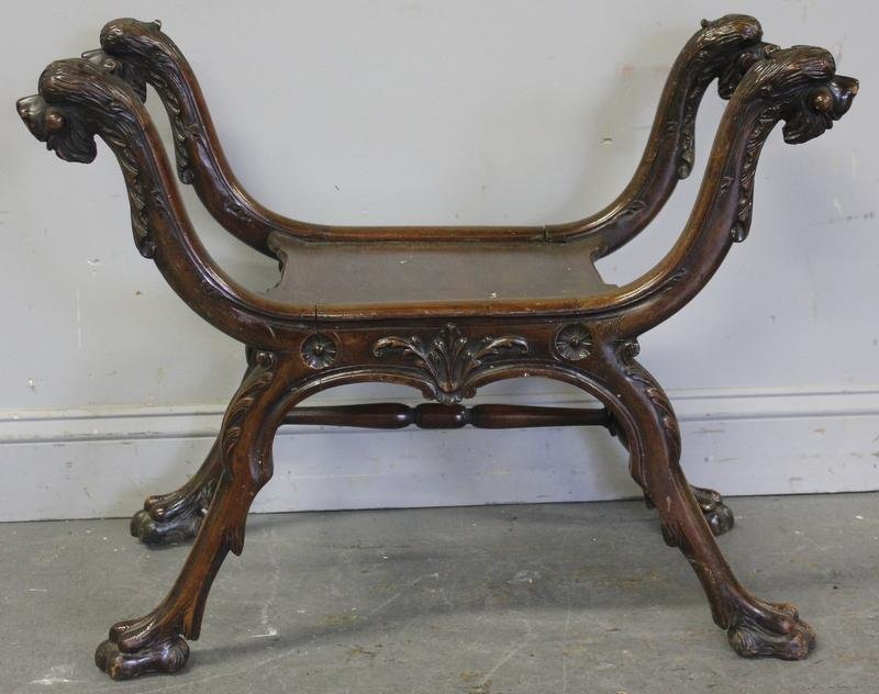 Mahogany Carved Window Seat with Lion's Heads.: Circa 1900. From a Manhattan, NY collector. Dimensions: 30" wide x 17" deep x 24" high; seat height - 14.5."