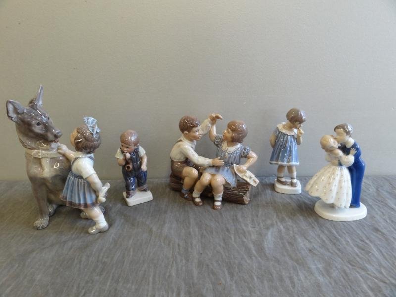 5 Danish Porcelain Figures.: 2 B&G, 2 Dahl Jensen, 1?. From a Stamford, CT home. Dimensions: largest (dog with girl)is 9.5" high.