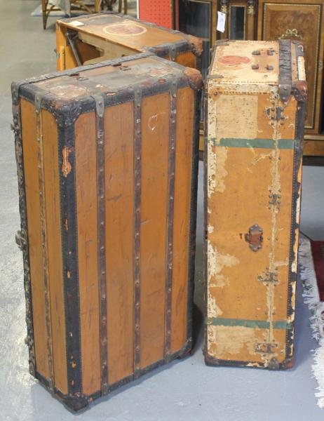2 Early LOUIS VUITTON Trunks.: Both as is in as found condition. Dimensions: 22" wide x 22" x 45" high (stand up trunk) and. 22" x 13.5" x 45" high. From a New London, CT location.
