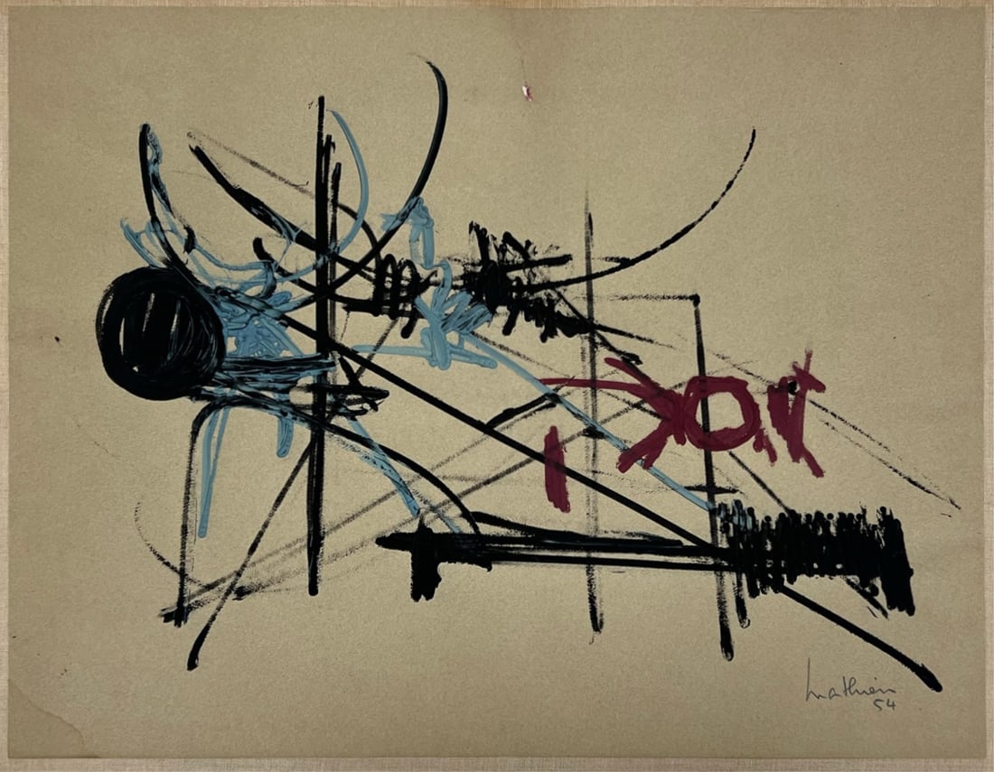 GEORGES MATHIEU (FRENCH, 1921-2012).: 'M32'. Oil on buff paper. Signed and dated lower right. Verso: Labels from Kootz Gallery, NY and the Art Lending Service of Museum of Modern Art, NY. From Direct descent of the purchaser at MOMA , May