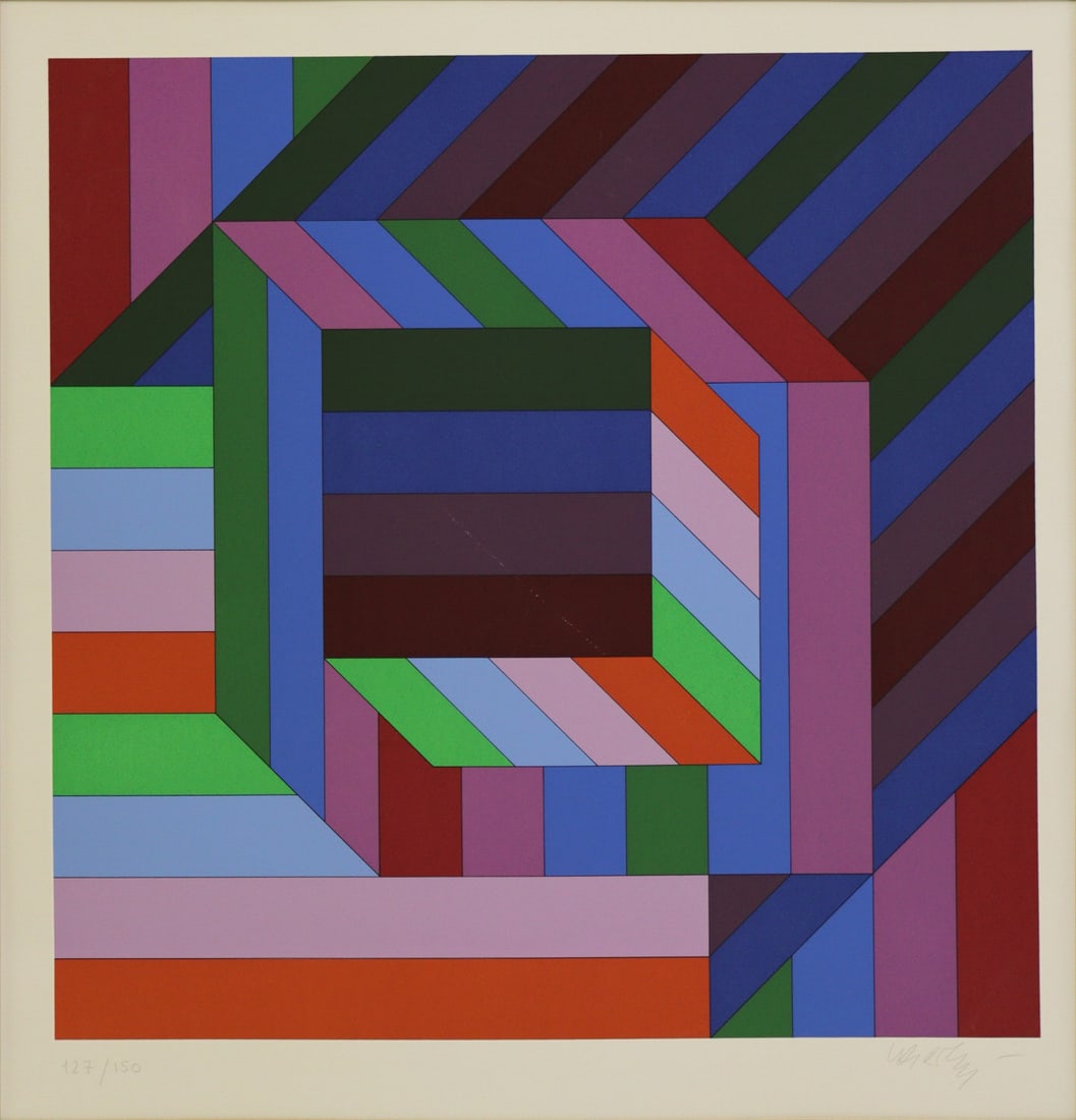 VICTOR VASARELY (HUGARIAN/FRENCH, 1906-1997).: 'Byss', (Pace), 1978/1979. Screen print in colors on woven paper. Signed and numbered 127/150 in pencil. From a Greenwich, CT. collection. - Dimensions: Image: 21.5" h x 21.5" w.