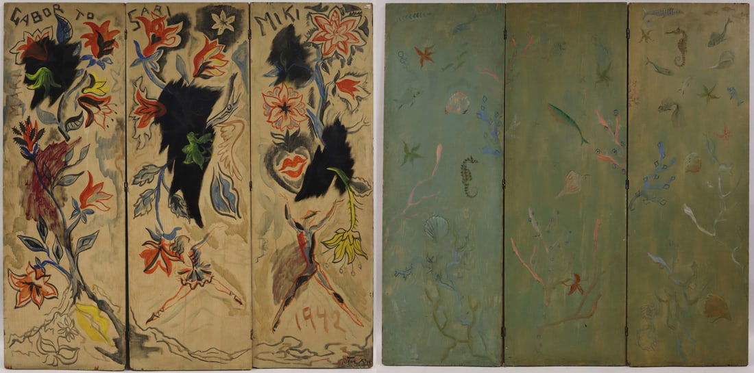 GABOR F. PETERDI (AMERICAN, 1915-2001).: Illustrated three paneled wood room divider with ballet, floral, and sea life motifs. One side reads "Gabor to Sari Miki" and dated 1942 to lower right. From a Larchmont, NY estate. - Dimens