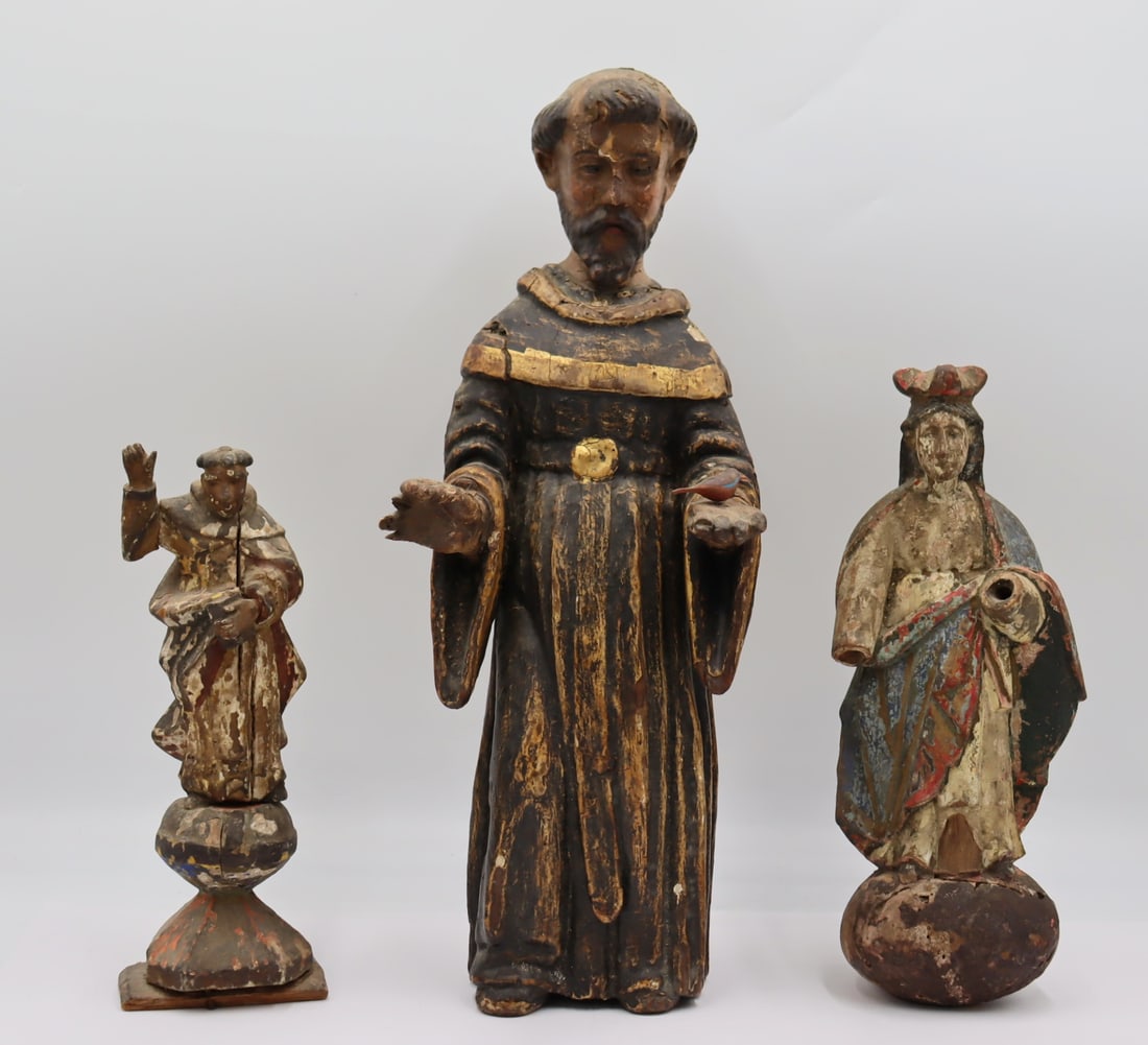 3 Antique Carved Polychrome Santos Figures. (1 of 9)