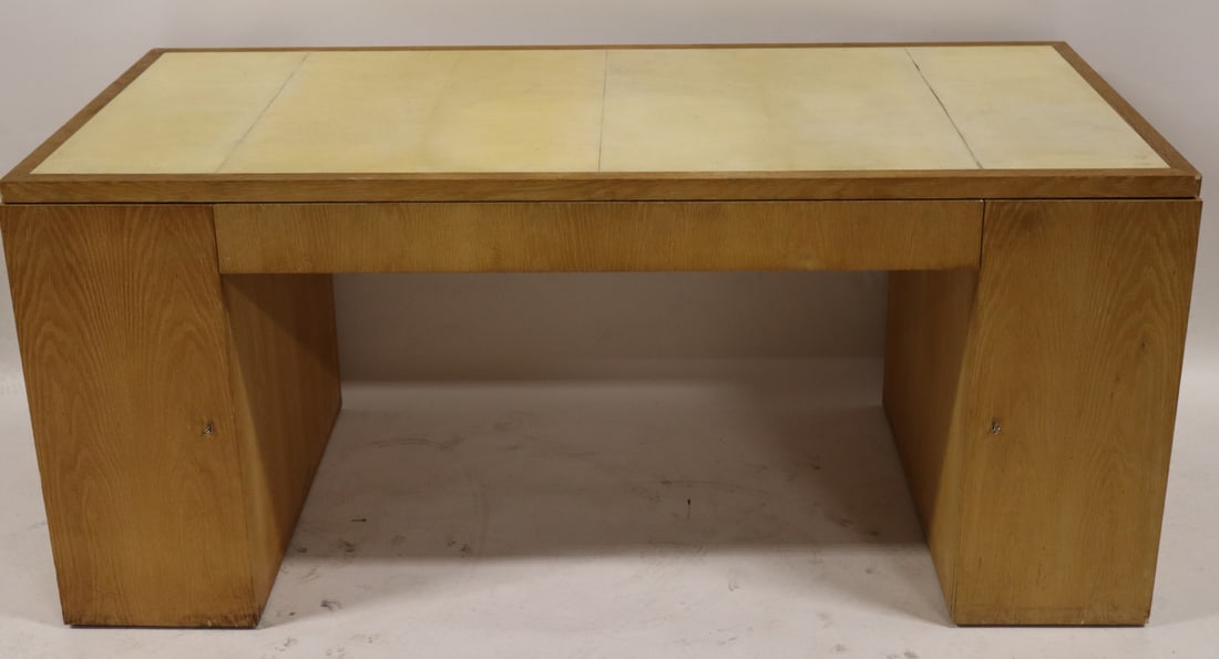 Midcentury Blonde Wood Desk With Parchment Top. (1 of 8)