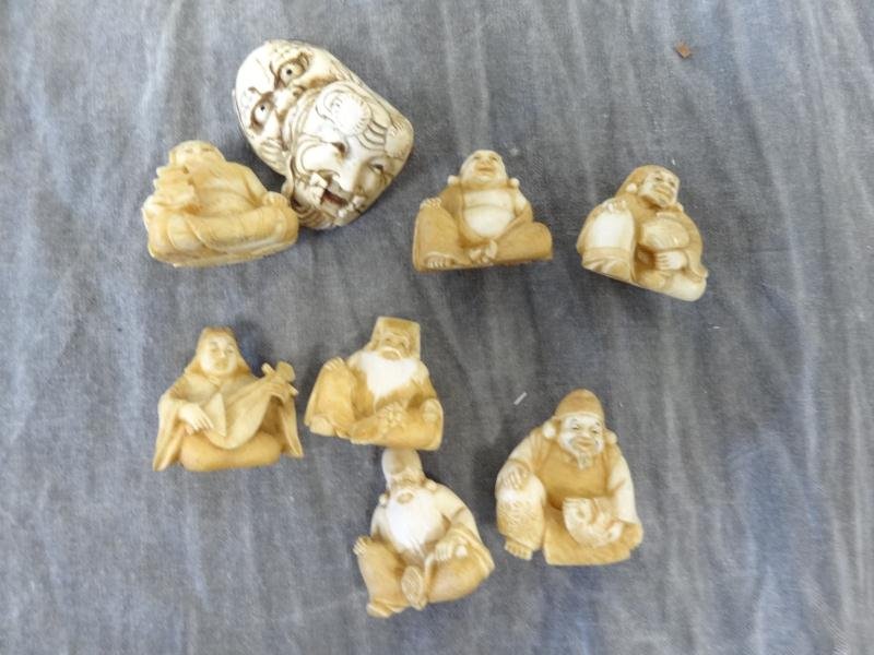 8 Asian Netsuke Style Ivories.: Assorted and approx 1.25" high. From an East 77 St NYC estate. Condition: Good.
