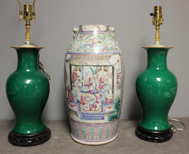 Asian Lot Incl. Antique Enamel Decorated Urn /: Vase together with Pair of 20th Cent Crackle Glaze Urns as Lamps on Carved Wood Stands. From a Manhattan lighting business now closed. Dimensions: urn/vase - 18.5" high; pair - 13.25" high. Condition: