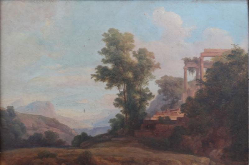 MARKO, C. Oil on Academy Board Italian Landscape.: 19th century landscape with ruins. Signed lower right C. Marko. Likely Karl Marko the Younger, Hungarian, 1822 - 1891. From a Mamaroneck, NY location. Dimensions: 6.75" high x 11" wide. Condition: Ove