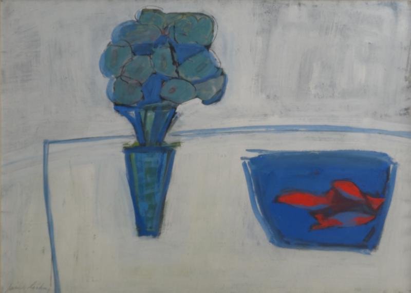 LECHAY, James. Gouache "Goldfish and Flowers.": Signed lower left. Krausher Galleries label verso with title and dated 1972. James Lechay, American, 1907 - 2004. From a Bronxville, NY home. Dimensions: 22.25" high x 30.75" wide. Condition: Good, no