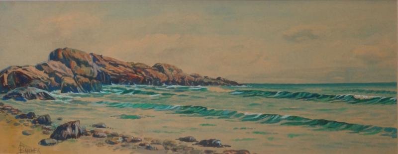 BRICHER, Alfred T. Watercolor Coastal Scene.: Signed lower left. Alfred Thompson Bricher, American, 1837-1908. From a Mamaroneck, NY collector. Dimensions: sight - 7.25" high x 18" wide. Condition: Toned paper and slightly faded colors, not exami