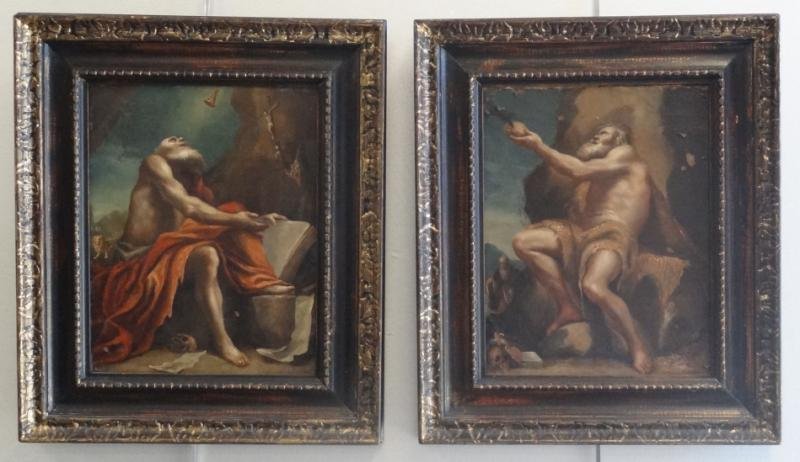 Pair of Oil on Copper Old Testament/New Testament: Scenes. Copper mounted on wood panel. "The Prophet Elijah Fed by Ravens"& "St Jerome in the Wilderness." Both inscribed with titles on frames, "St Jerome" also inscribed "Bolognese School 18th cent." 