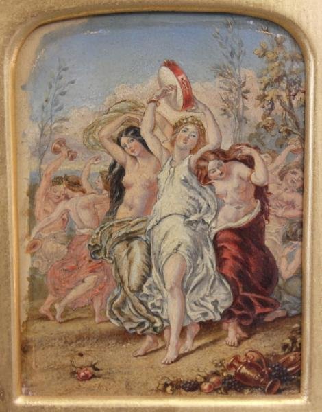 Oil on Board. Bacchanalian Scene.: In the manner of William Edward Frost, British, 1810 - 1877. Attributed verso with inscription. From a NYC estate. Dimensions: 6" high x 4.5" wide.