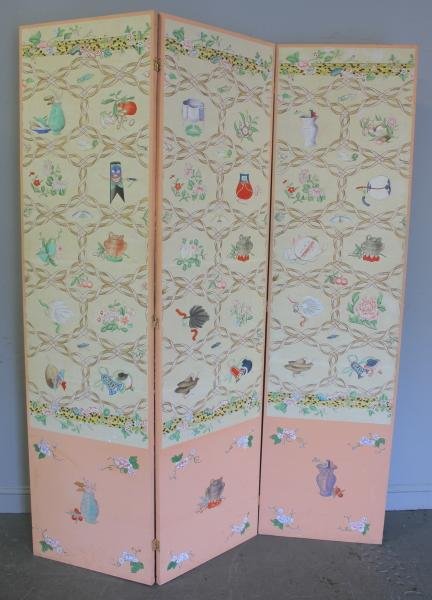 3 Panel Midcentury Screen Painted by Sister Parish.: From a Rye, NY home. Dimensions: Each panel measures - 22" wide x 84" high.