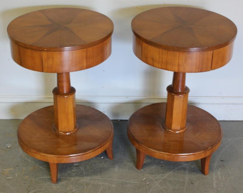 Pair of Biedermeier 1 Drawer End Tables.: From a Scarsdale, NY home. Dimensions: 17" diameter x 25.25" high.