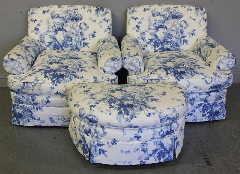 Pair of Ralph Lauren Upholstered Chairs and One: Ottoman. From a NYC estate. Dimensions: Chair - 36" wide x 36" deep x 32" high; Ottoman - 32.5" wide x 20" deep x 16.5" high.