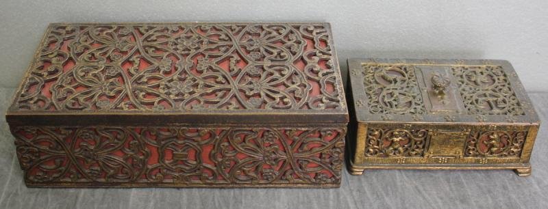 Large Unsigned Oscar Bach Box with Floral Relief: with a Box with Zodiac Design. From a NYC estate. Dimensions: Box with floral relief - 11.75" wide x 6" deep x 3.75" high.