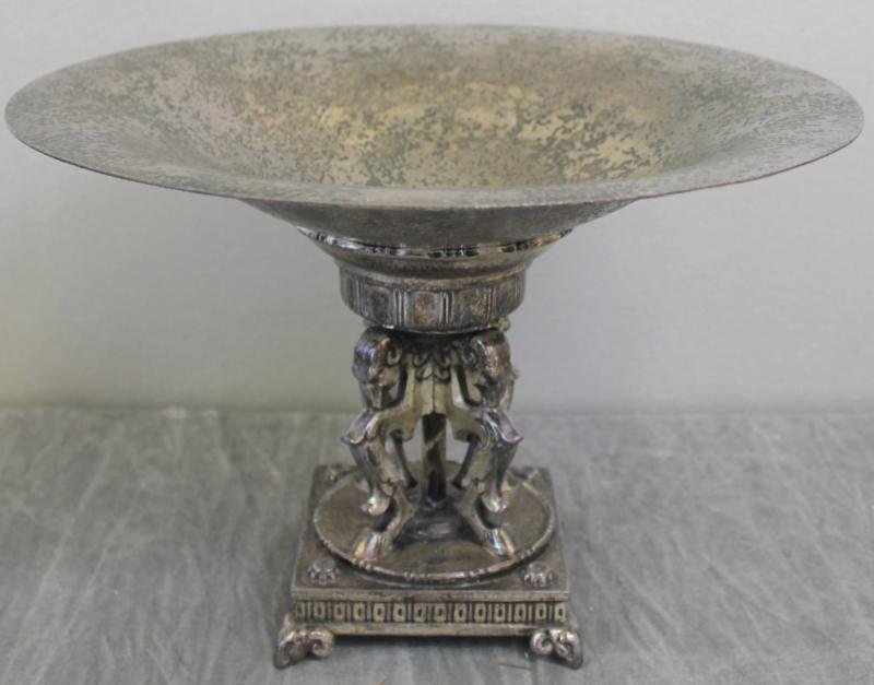 Oscar Bach Patinated Tazza with Rams.: Signed. From a NYC estate. Dimensions: 12" diameter x 8" high.