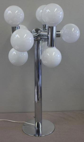 Midcentury Robert Sonneman Chrome Ball Lamp.: From a Rye, NY location. Dimensions: 19" wide x 33" high; base diameter 9.5." Condition: Very good; in working condition.