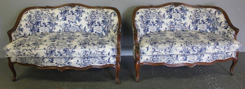 Pair of Louis XV Upholstered Settees.: From a NYC estate. Dimensions: 49" wide x 30" deep x 31" high.