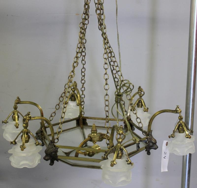 Art Deco 6 Light Gilt Metal and Glass Chandelier.: From a Manhattan lighting business now closed. Dimensions: 27.5" diameter x 24" high. Condition: As found - as is.