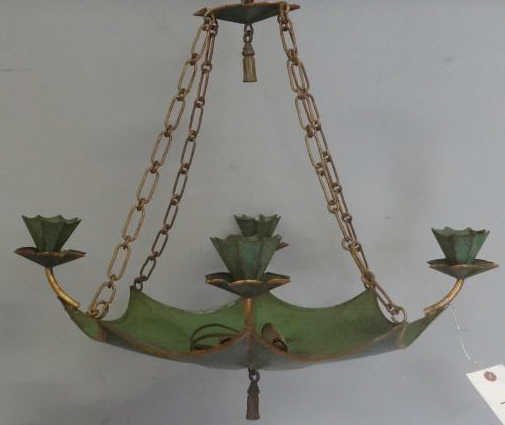 Tin Umbrella Form Chandelier.: From a Manhattan lighting business now closed. Dimensions: 21" diameter x 17" high plus chain. Condition: in as gound condition.