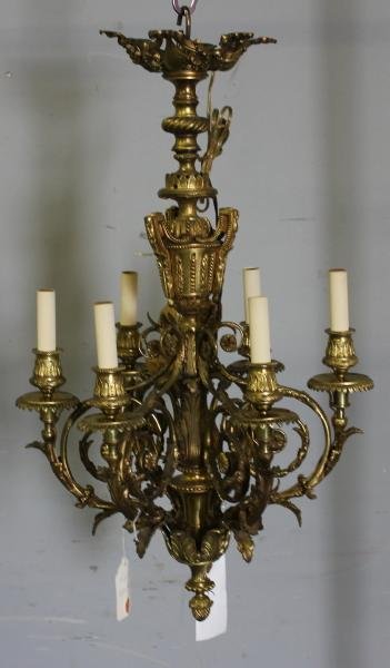19th Century French Gilt Bronze 6 Light: Chandelier. From a Manhattan lighting business now closed. Dimensions: 16" diameter x 30" high. Condition: As found - good, electrified.
