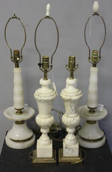 Alabaster Table Lamps Including Pair Asian: Modern bamboo style with one finial missing. Along with an urn shaped pair .From a Manhattan lighting company now out of business. Dimensions: Asian Bamboo Style Pair - 21.5" high; Urn Shaped Pair - 2