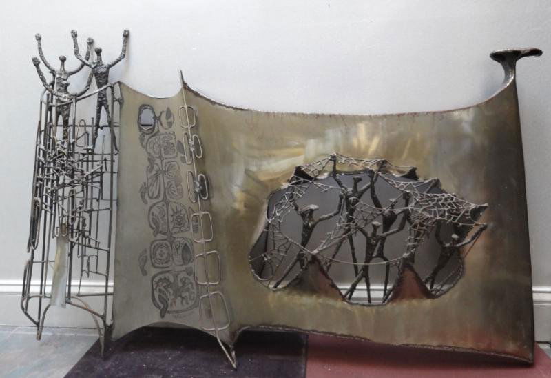 RICHARDSON. 1970 Midcentury Wall Sculpture.: A substantial size sculpture that lights up. Signed and dated lower left. From a Rye Brook, NY home. Dimensions: 49" wide x 7" deep x 33" high.