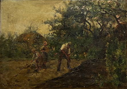 JOSEPH MILNE (SCOTTISH, 1857/61-1911).: 'Family Working in the Field'. Oil on canvas. Signed and dated '1881' lower left corner. From an Albertson, Long Island, NY estate. - Dimensions: 10" h x 14.37" w.