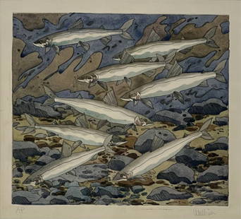 NEIL G. WELLIVER (AMERICAN, 1929-2005).: 'Smelts' Hand colored etching on paper. Signed lower right in pencil. 'AP' lower left in pencil. Welliver was a well known Maine artist known for his depictions of wildlife and outdoor scenes. From a