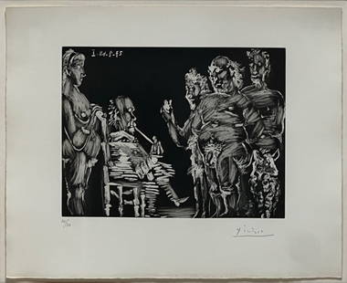 PABLO PICASSO (SPANISH, 1881-1973).: 'Trois Vieux Copains en Visite, Monsieur Fume, Madame Surveille, from Series 347.' (Three Old Friends Visiting: Man Smoking, Woman Keeping Watch. From 347 Suite). 1968. Aquatint on woven paper. Signed