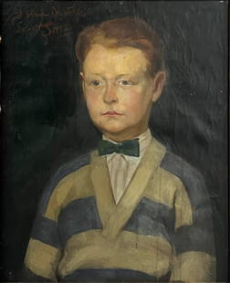 ATTRIB. EVERETT SHINN (AMERICAN, 1877-1958).: Portrait of a Boy with Bow Tie. Oil on canvas, Inscribed 'To Eloise De Wolfe/ Everett Shinn' upper right. From a Long Island City, NY estate. - Dimensions: Sight size: 21" h x 16.75" w.