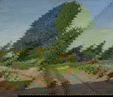 FRANK VINCENT DUMOND (AMERICAN, 1865-1951).: 'Orchards in Old Lyme'. Oil on canvas. Signed lower right. With Estate stamps to verso. From a Norwalk, CT estate. - Dimensions: 25.75" h x 30" w.