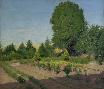 FRANK VINCENT DUMOND (AMERICAN, 1865-1951).: 'Orchards in Old Lyme'. Oil on canvas. Signed lower right. With Estate stamps to verso. From a Norwalk, CT estate. - Dimensions: 25.75" h x 30" w.