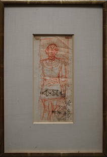 ALBERTO GIACOMETTI (SWISS, 1901-1966).: 'Vendredi Trois' (Friday Three). Red and Blue ink drawing on paper. Provenance: Richard L. Feigen & Co., NY, NY. From a Park Ave, Manhattan, NY estate. - Dimensions: 8.50" h x 4" w.