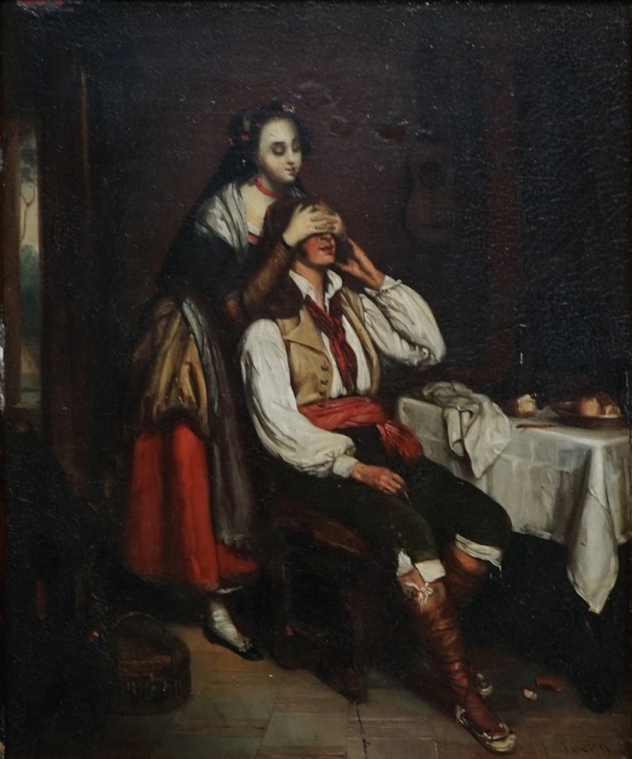 J. TOCRA (ITALIAN. 19TH CENTURY).: 'Guess Who?' Oil on tin. Signed lower right. From an Albertson, Long Island, NY estate. - Dimensions: 10" h x 8.50" w.