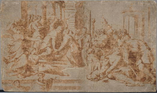 MANNER OF FRANCESCO SALVIATI: The Visitation. Ink wash and pencil on laid paper laid to paper. (Unframed). Collector's mark lower right corner. This work relates to Salviati's fresco in the San Giovanni Battista Decollato, Rome. F